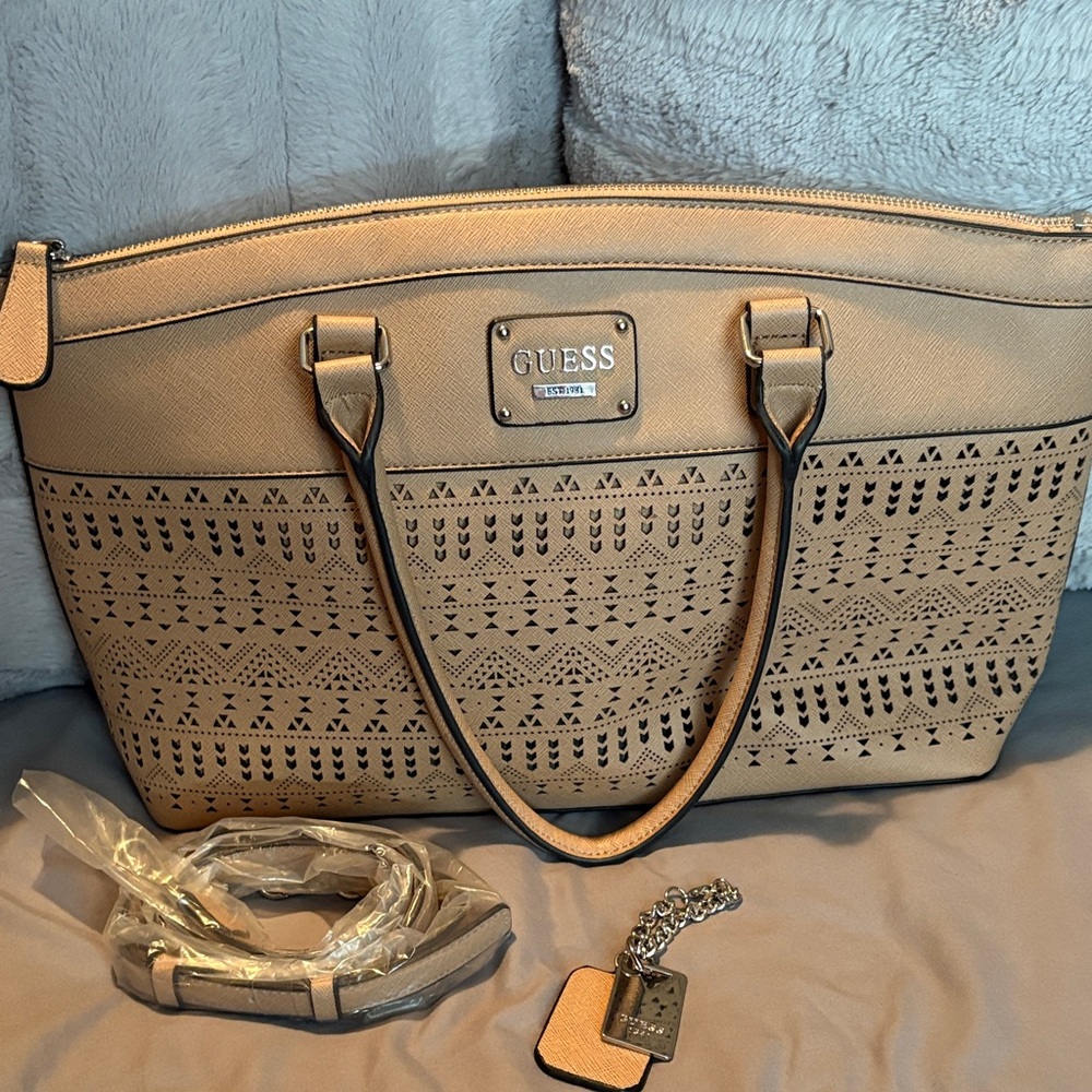 GUESS Beige Laser-Cut Tote Bag